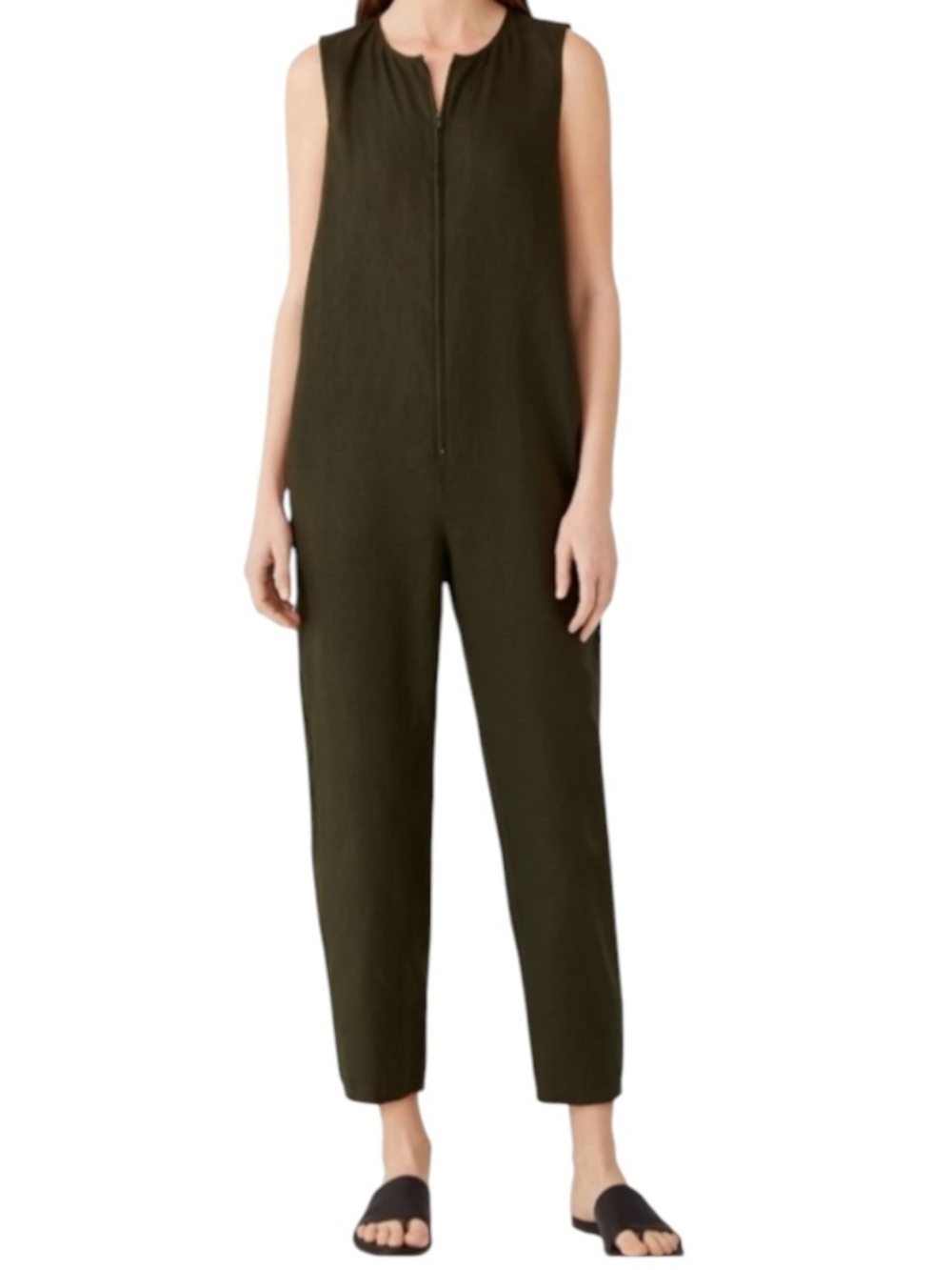 Eileen Fisher Organic Linen Jumpsuit Front Zip Sleeveless Size Small In Green
